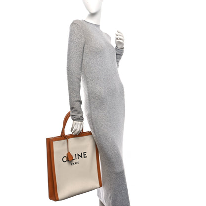 Celine Canvas Calfskin Logo Print Vertical Cabas Natural Tan 2 of 12