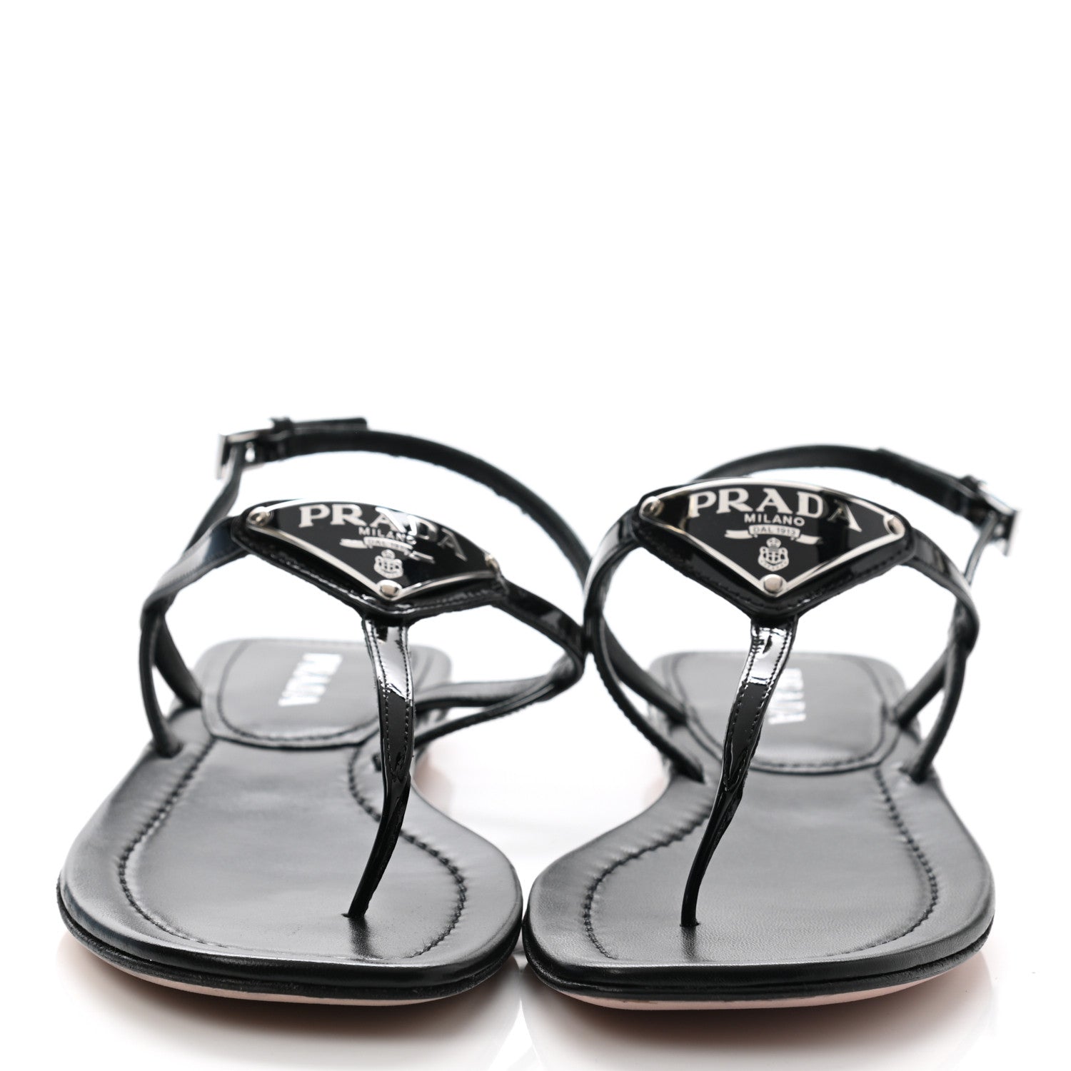 Prada Vernice Metal Triangle Logo Slingback Flat Thong Sandals 38.5 Black 2 of 10