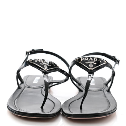 Prada Vernice Metal Triangle Logo Slingback Flat Thong Sandals 38.5 Black 2 of 10