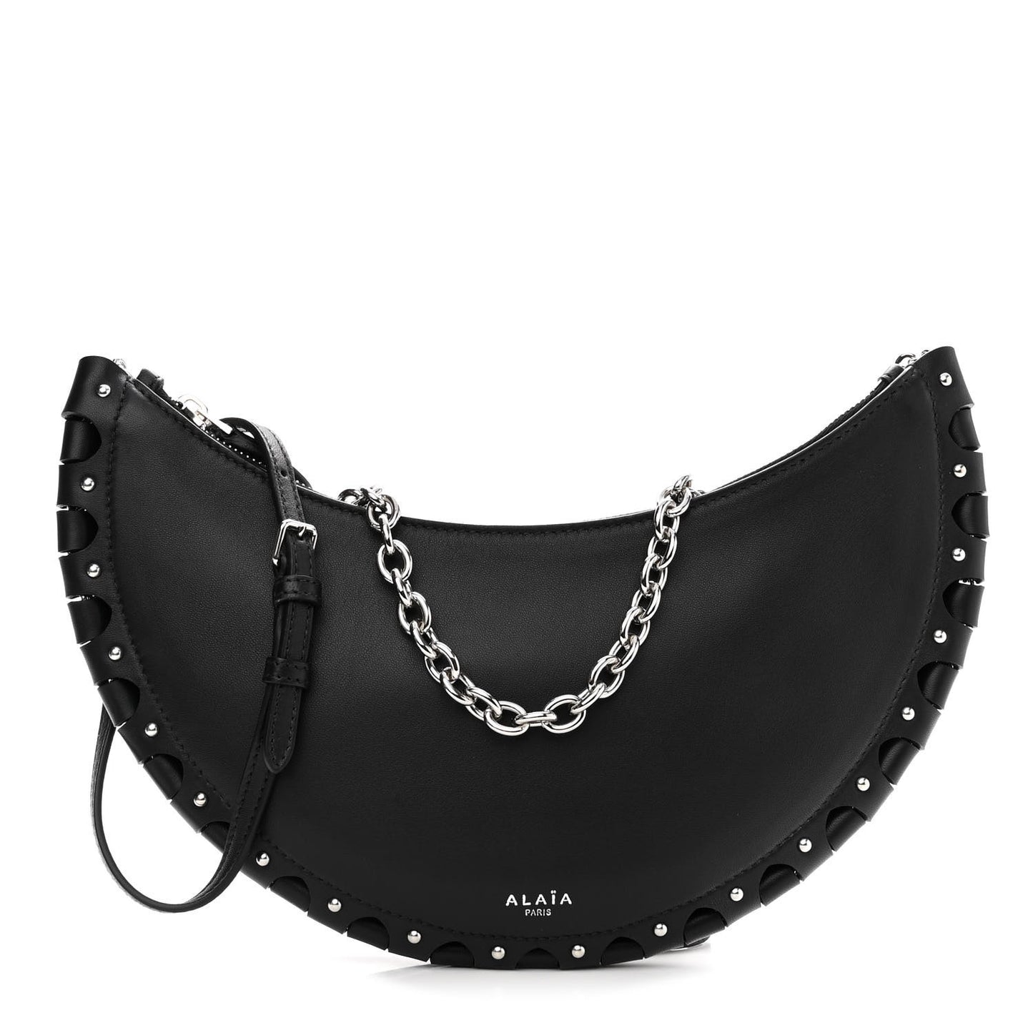 Calfskin Studded Chain Demi Lune Bag Black