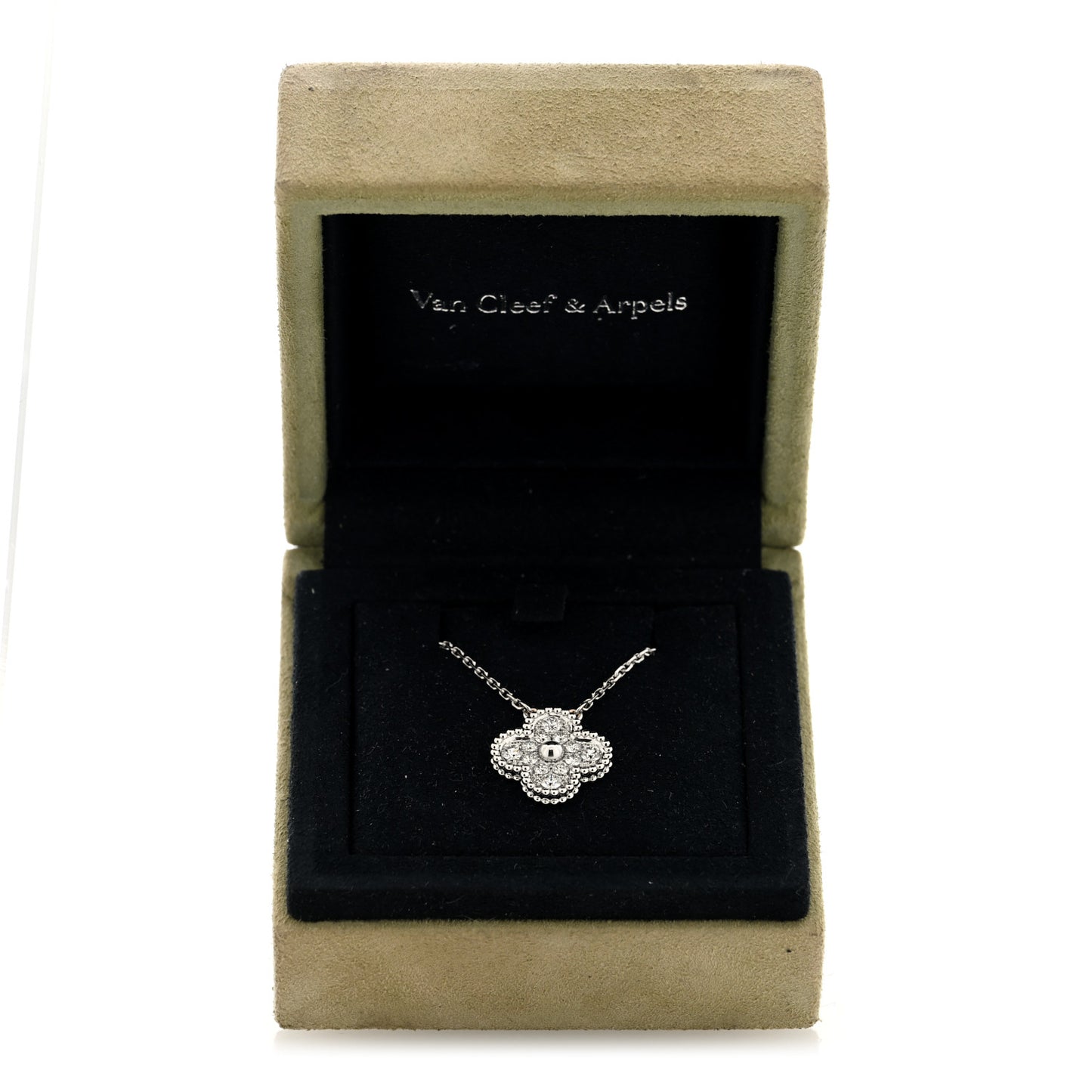 18K White Gold Diamond Vintage Alhambra Pendant Necklace