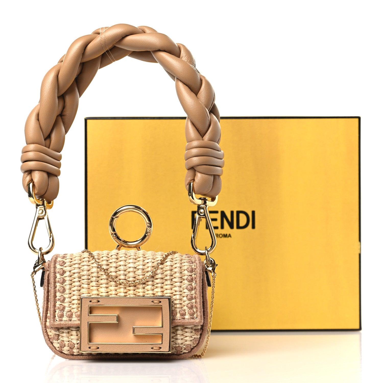 Fendi Straw Shiny Nappa Woven Nano Baguette Maxi Handle Charm Natural Miele 10 of 10