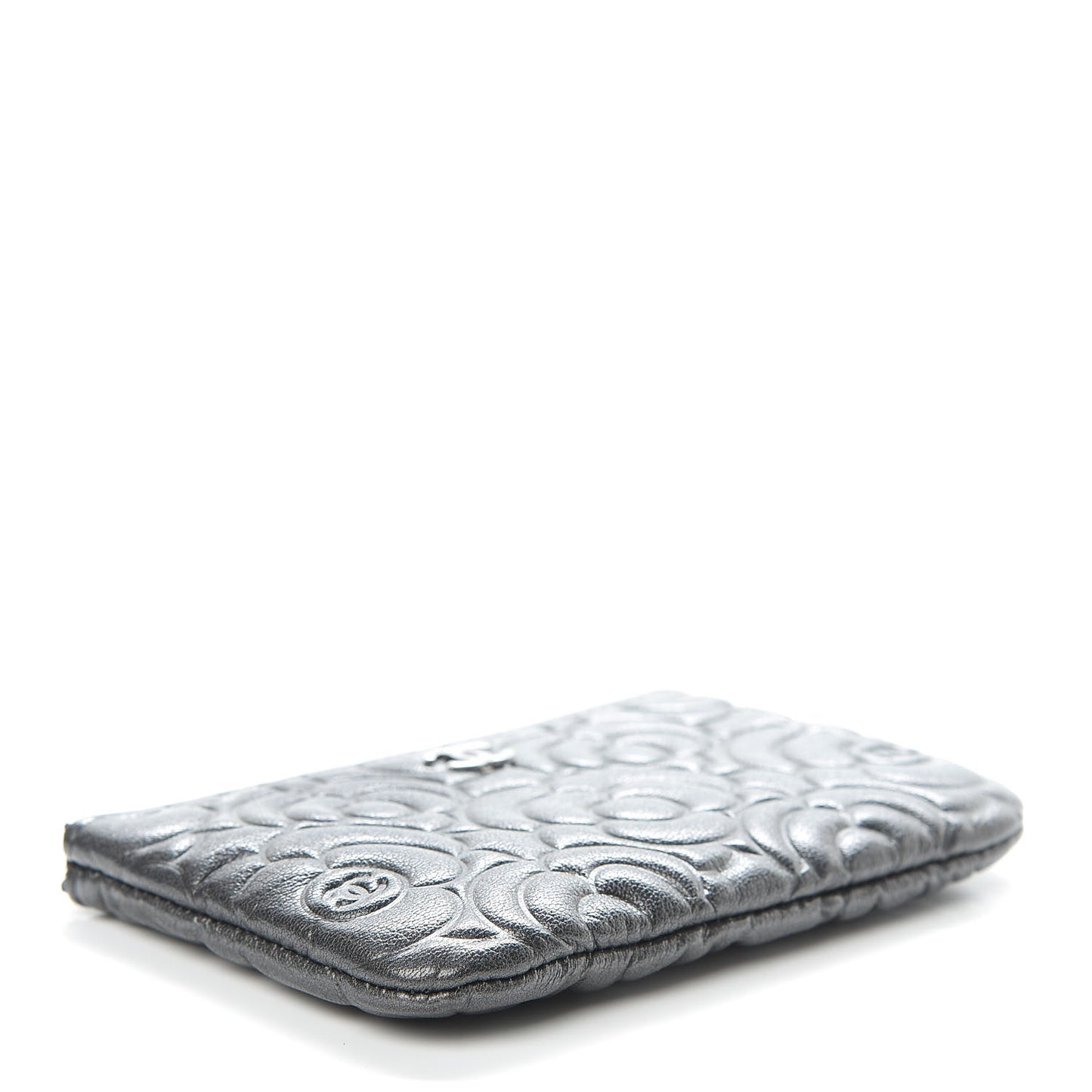 Goatskin Camellia Embossed Cosmetic Pouch Anthracite