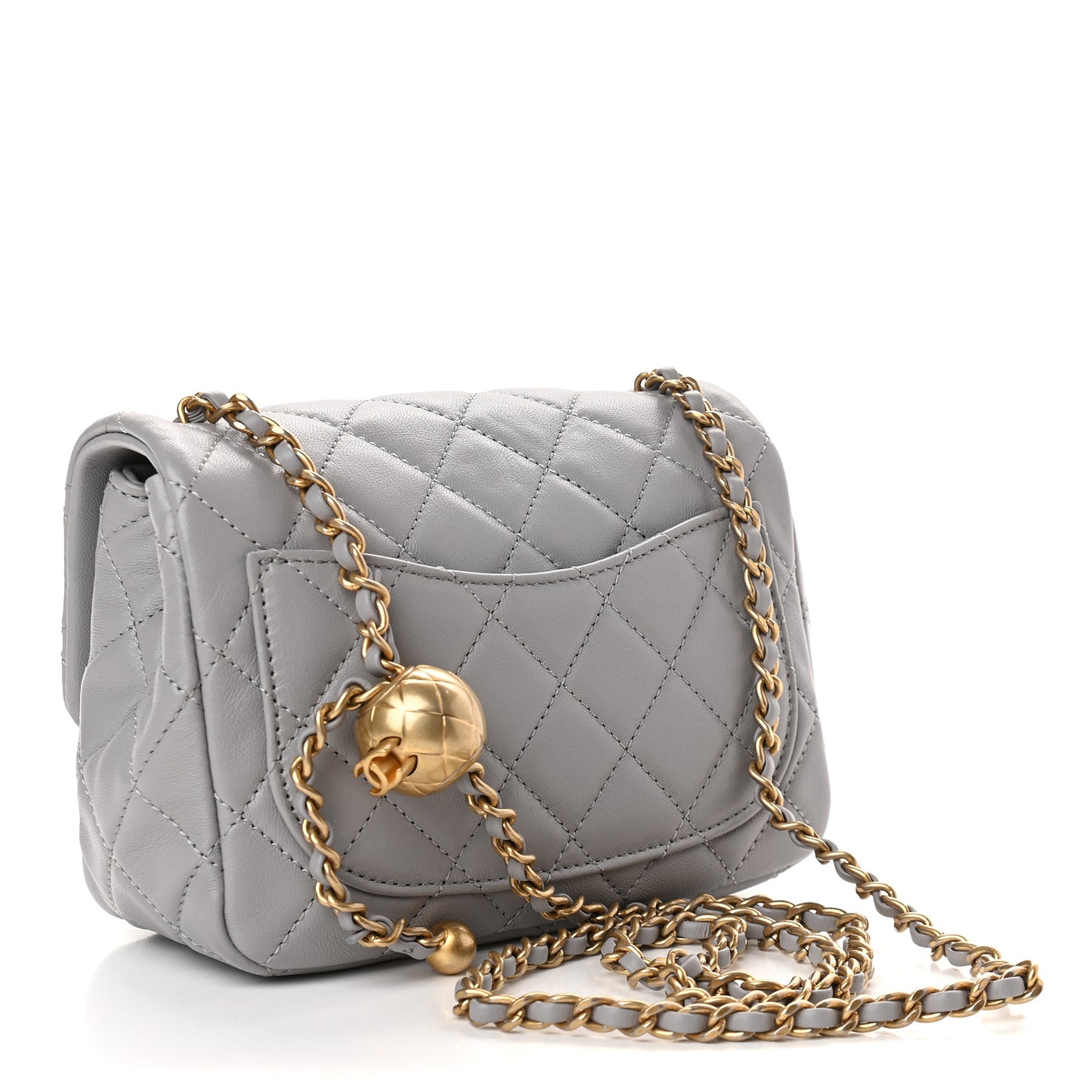 Lambskin Quilted Mini Pearl Crush Flap Light Grey