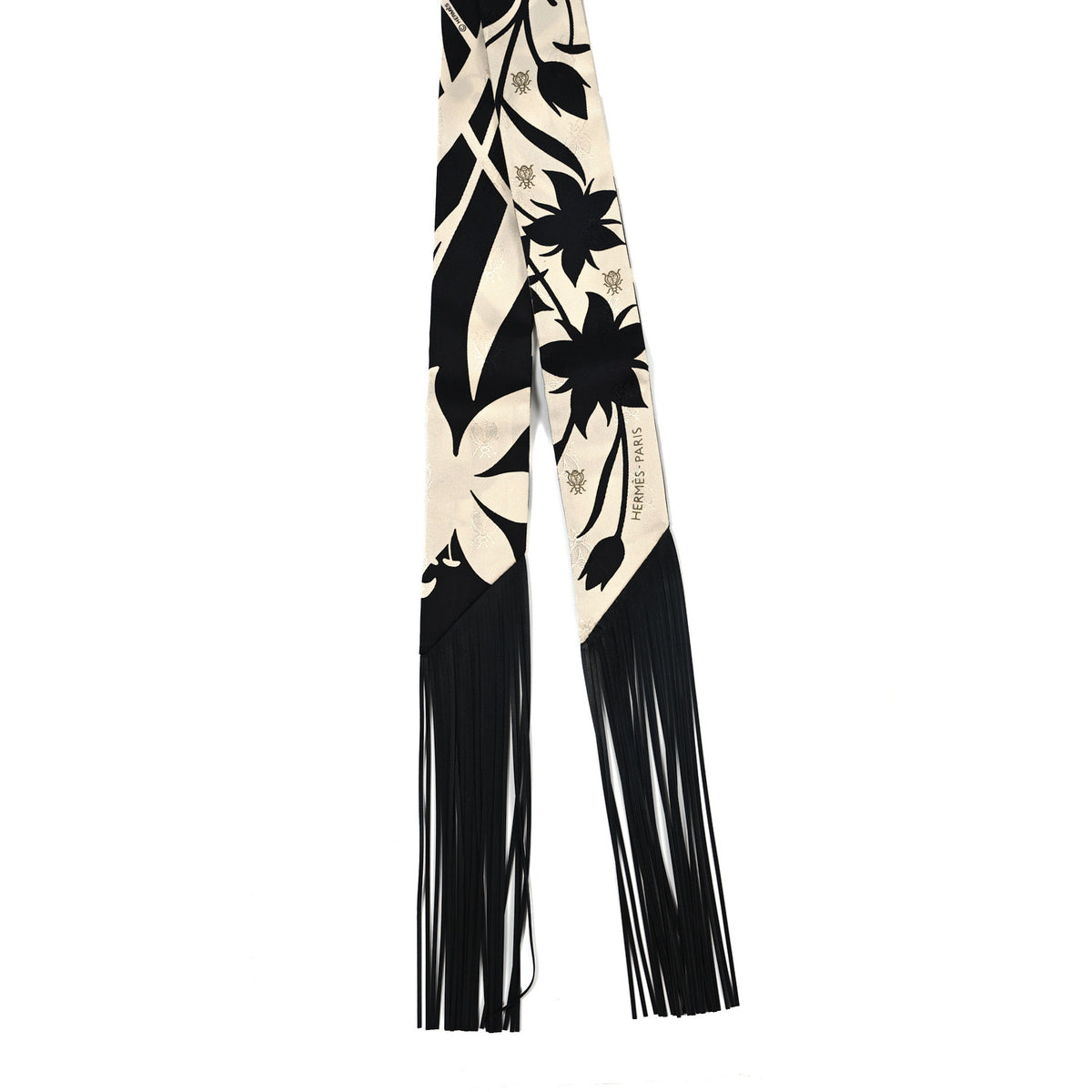 Hermes Silk Calfskin Bouquet Final Fringed Twilly Creme Black 2 of 3