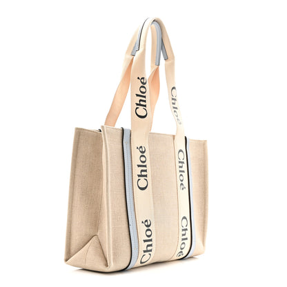 Chloe Linen Calfskin Medium Woody Ribbon Tote White Light Blue 3 of 15
