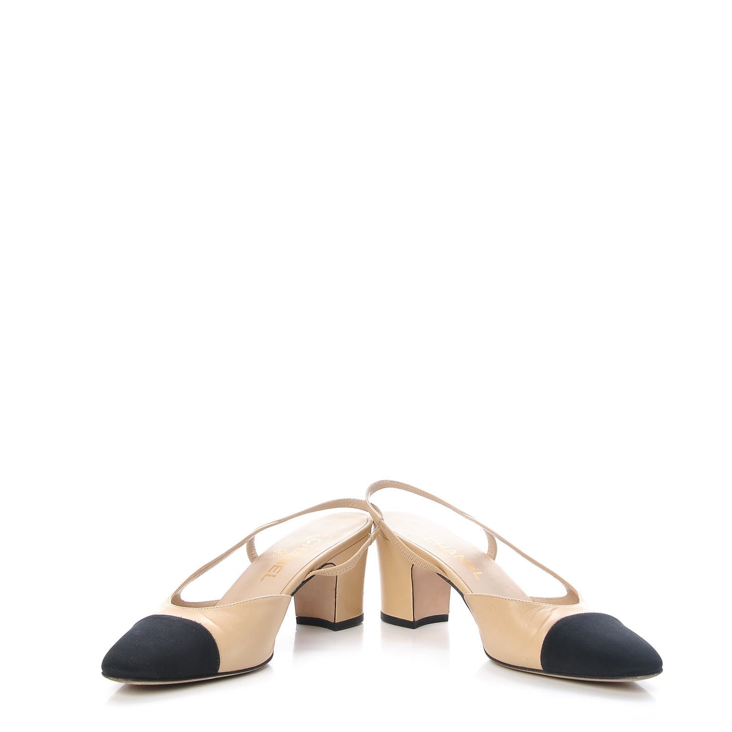 Chanel Goatskin Grosgrain Cap Toe CC Slingback Pumps 38 Beige Black 5 of 13