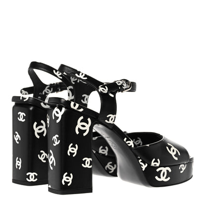 Chanel Printed Lambskin Coco Beach Platform Sandals 37 Black White 4 of 9