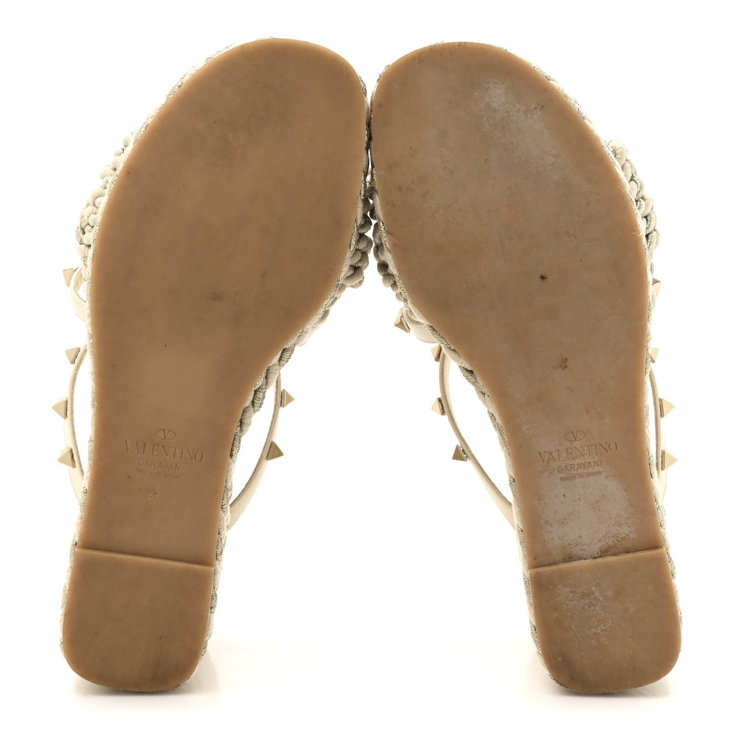 Calfskin Silk Rockstud Torchon Espadrille Wedge 25/95mm Slide Sandals 37 Light Ivory