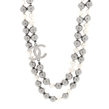Chanel Metal Pearl CC Long Necklace Silver Pearly White Grey 1 of 4