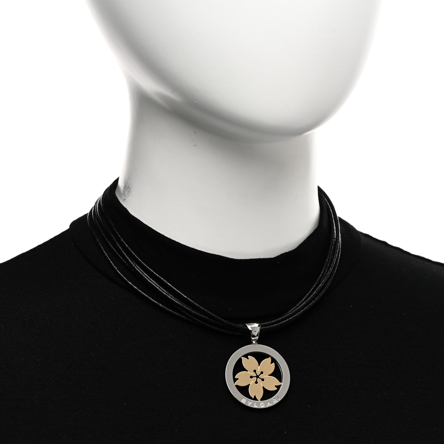 Stainless Steel 18K Yellow Gold Calfskin Tondo Sakura Flower Pendant Necklace