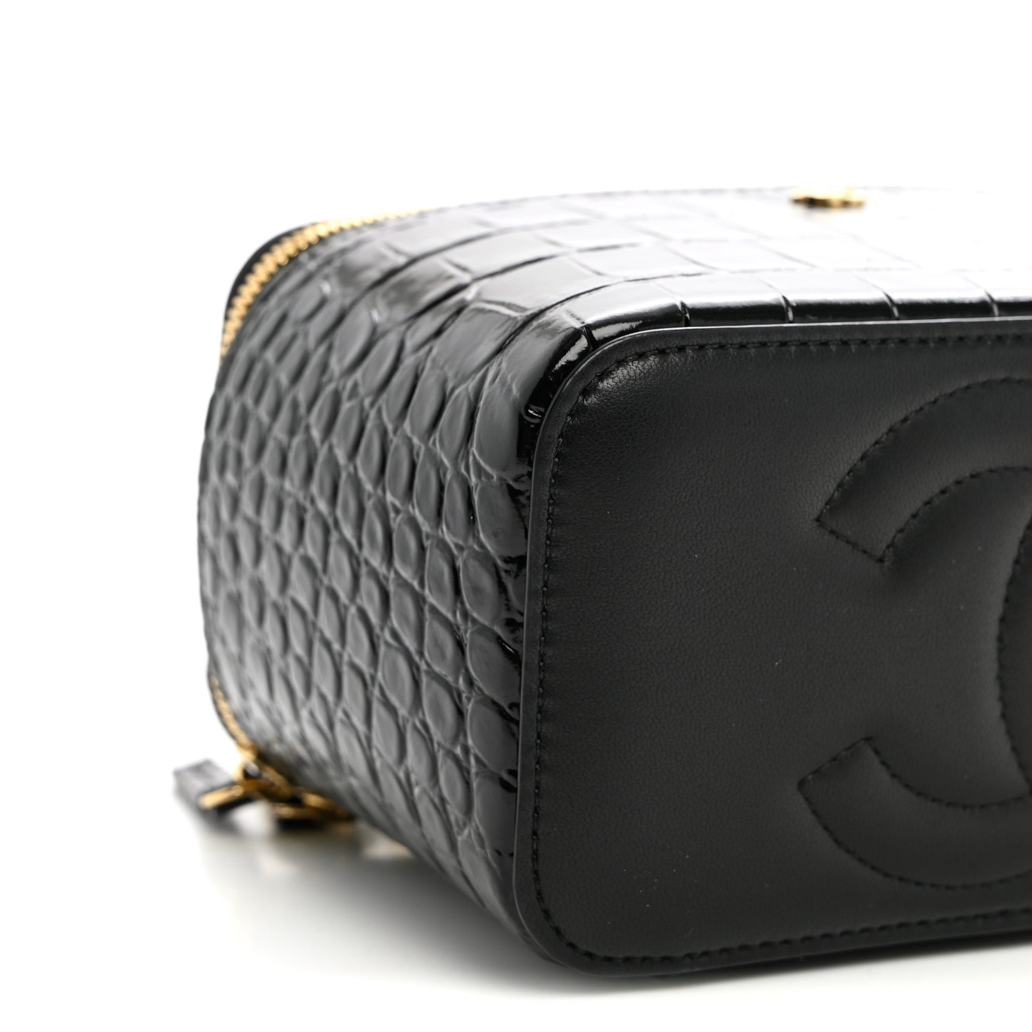 Calfskin Crocodile Embossed Crococo Small Top Handle Vanity Case With Chain Black