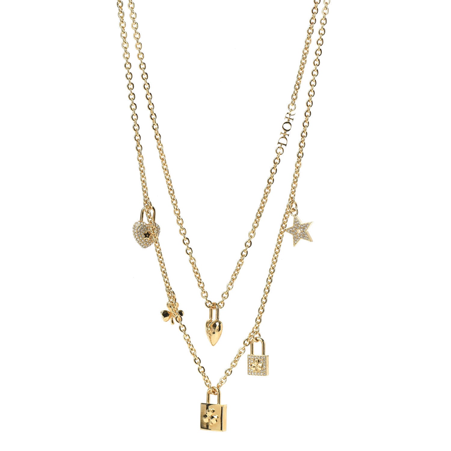 Christian Dior Metal Crystal Multi Strand Charms Necklace Gold 1 of 6