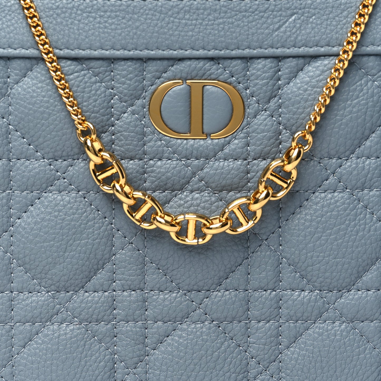 Calfskin Cannage Caro Zipped Pouch With Chain Cloud Blue