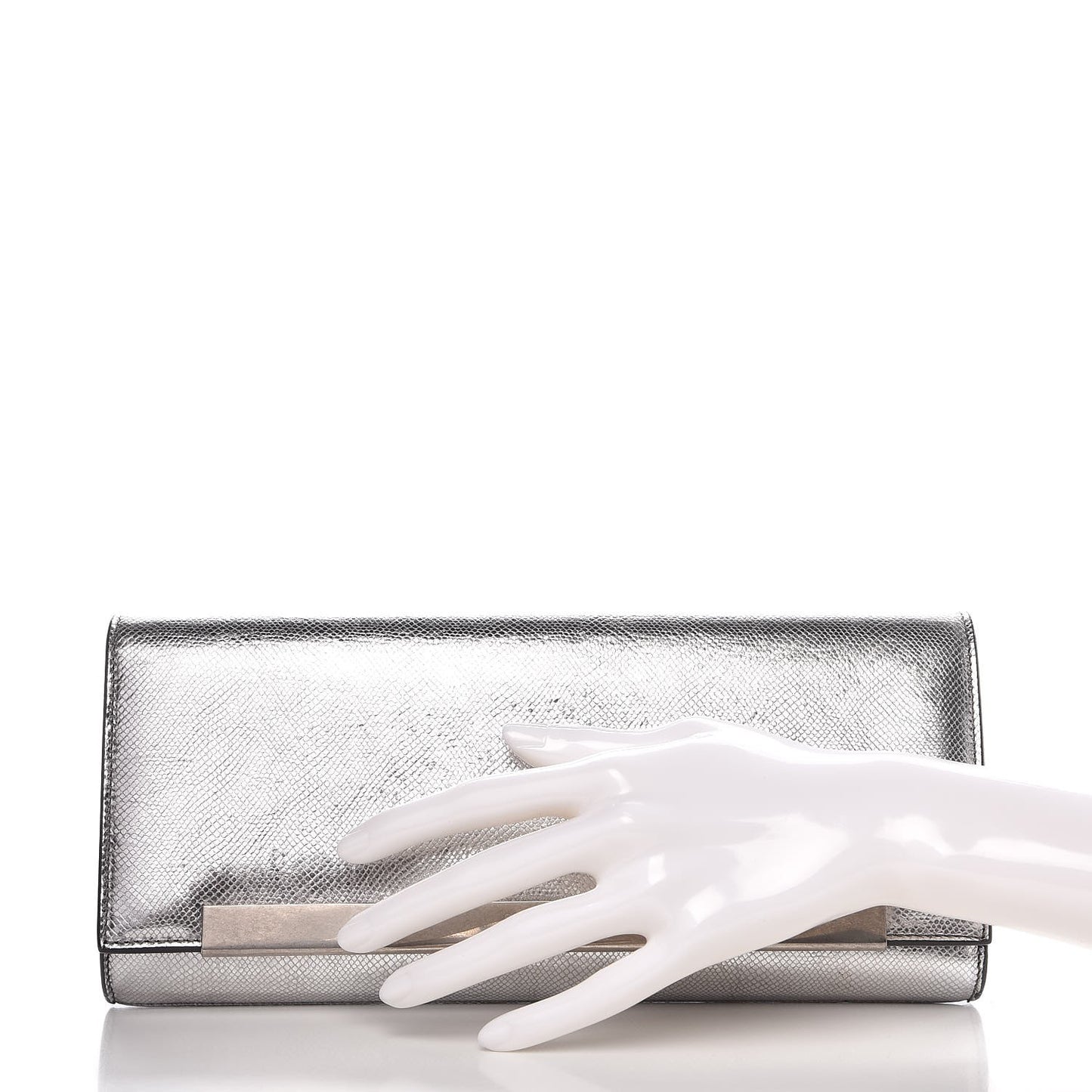 Metallic Calfskin Lizard Printed Lutetia Flap Clutch Silver
