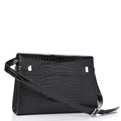 Saint Laurent Shiny Calfskin Crocodile Embossed Manhattan Baguette Black 3 of 9