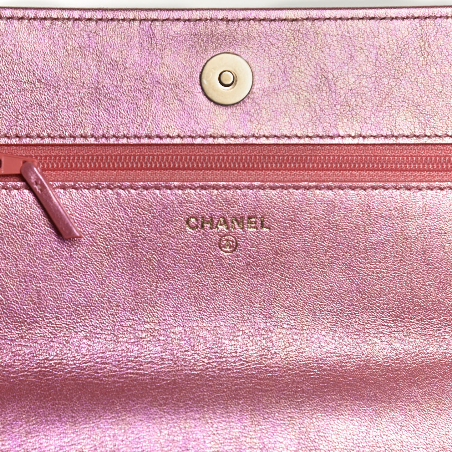 Iridescent Calfskin Quilted Chanel 19 Wallet On Chain WOC Pink