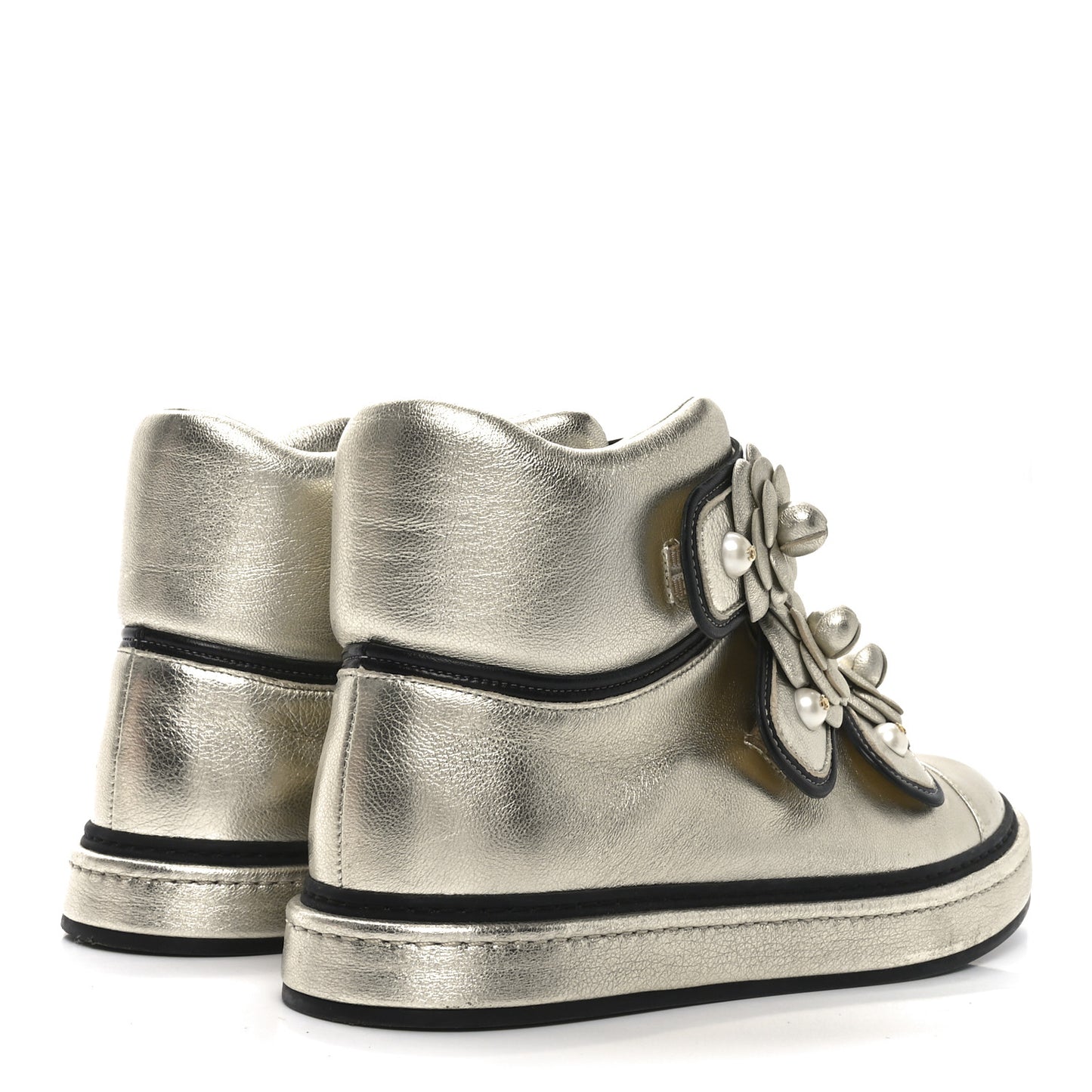 Metallic Lambskin Camellia High Top Sneakers 39.5 Gold