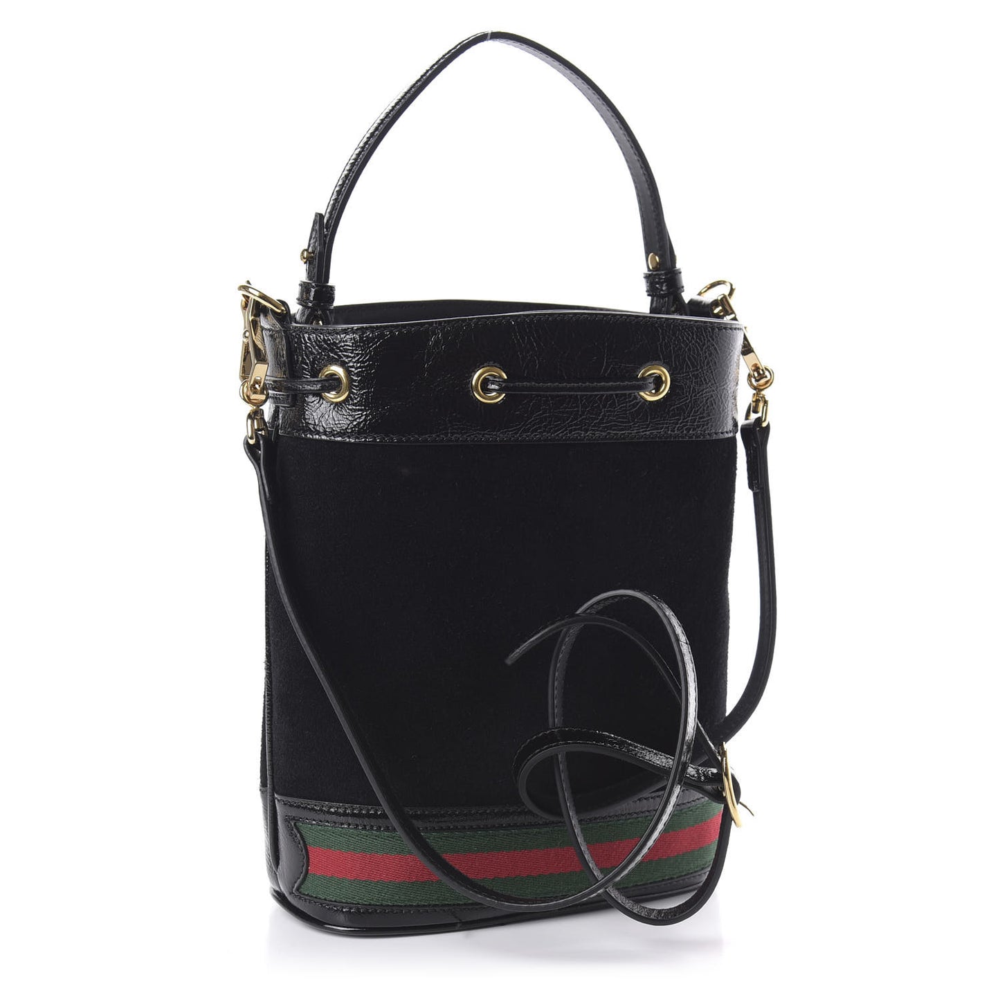 Suede Patent Web Small Ophidia Bucket Bag Black