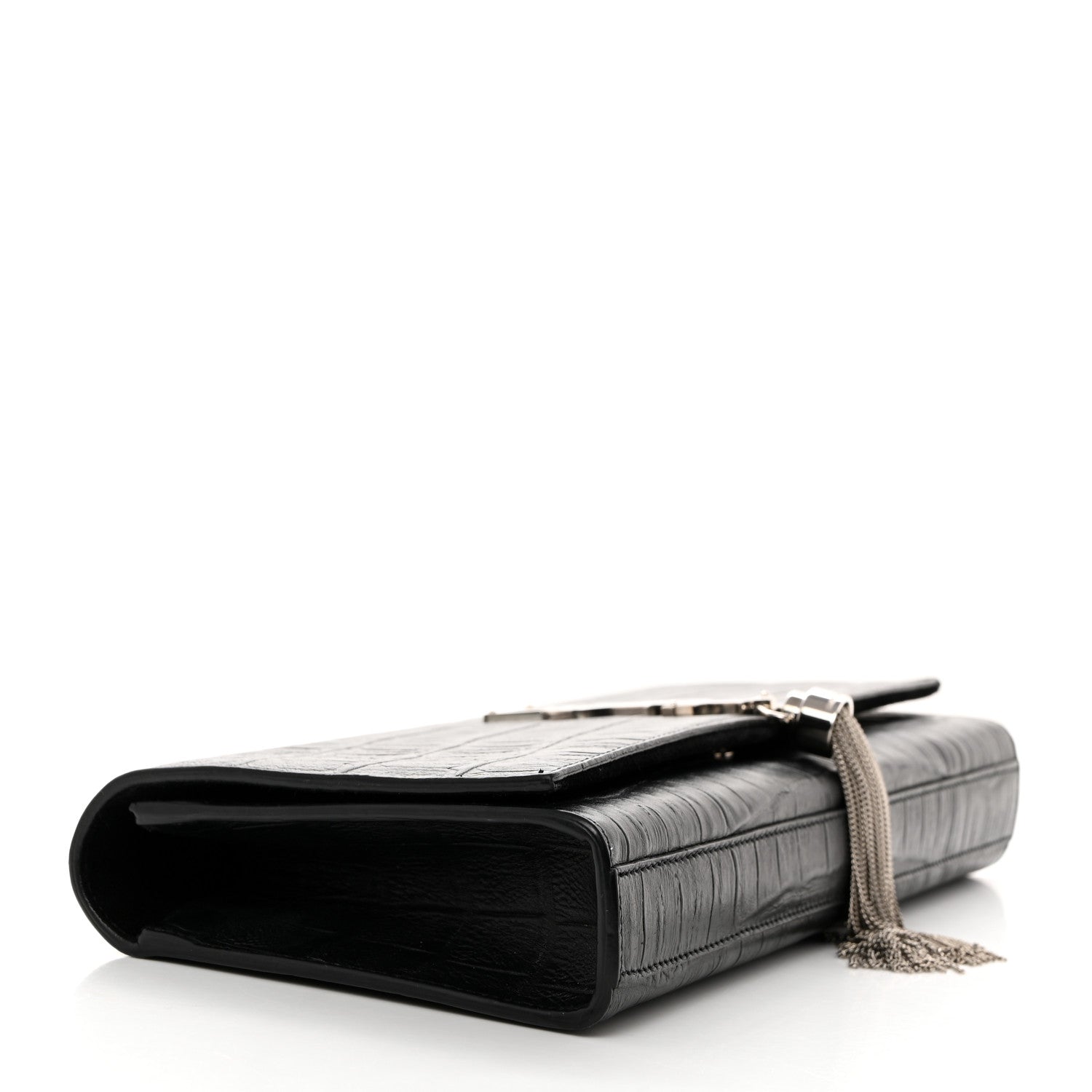 Saint Laurent Calfskin Crocodile Embossed Classic Monogram Tassel Clutch Black 4 of 10