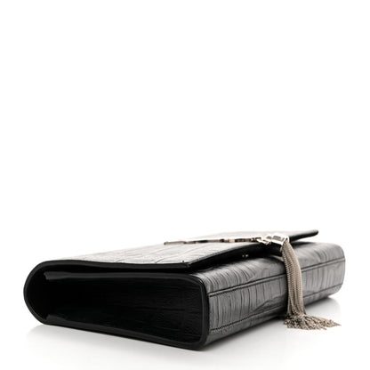 Saint Laurent Calfskin Crocodile Embossed Classic Monogram Tassel Clutch Black 4 of 10