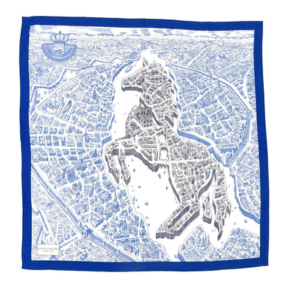 Hermes Cashmere Silk La Cite Cavaliere Shawl 140 Bleu Roy White Encre 1 of 5