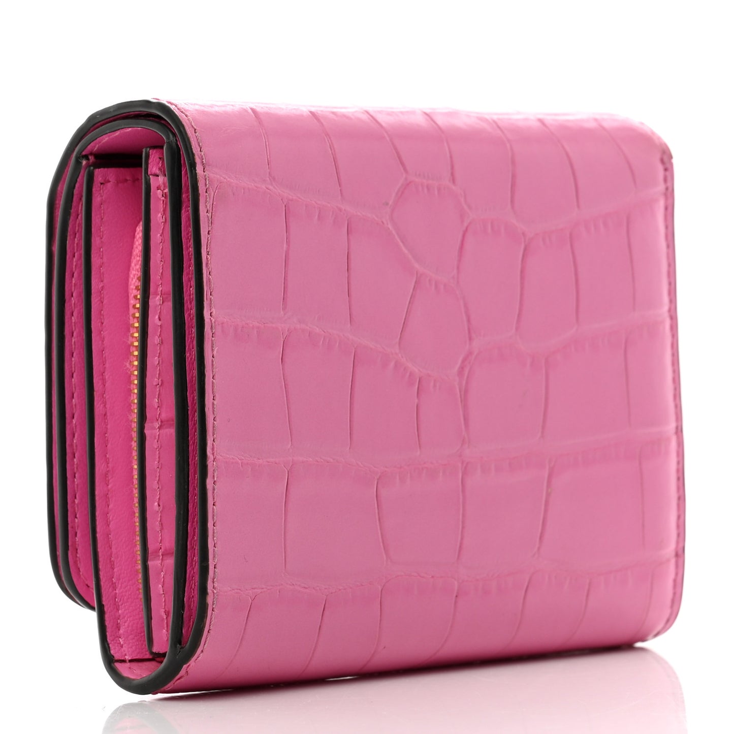Crocodile Embossed Calfskin Small French Continental Wallet Raspberry Pink