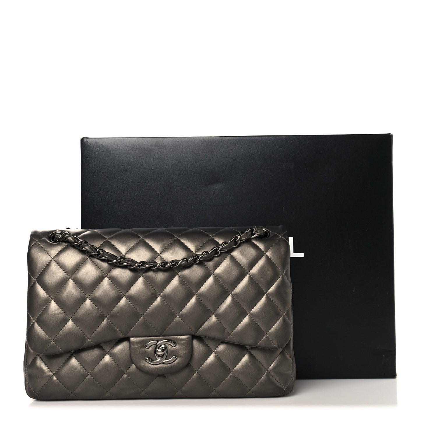 Metallic Lambskin Quilted Jumbo Double Flap Pewter