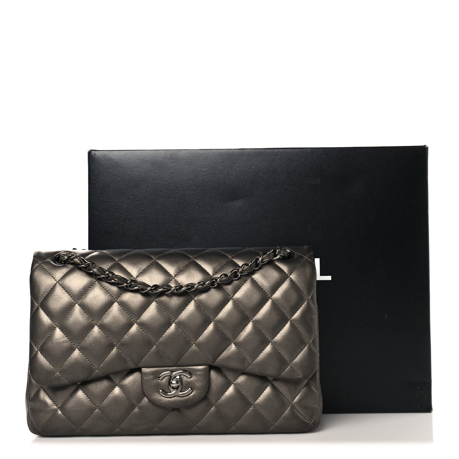 Chanel Metallic Lambskin Quilted Jumbo Double Flap Pewter 14 of 14