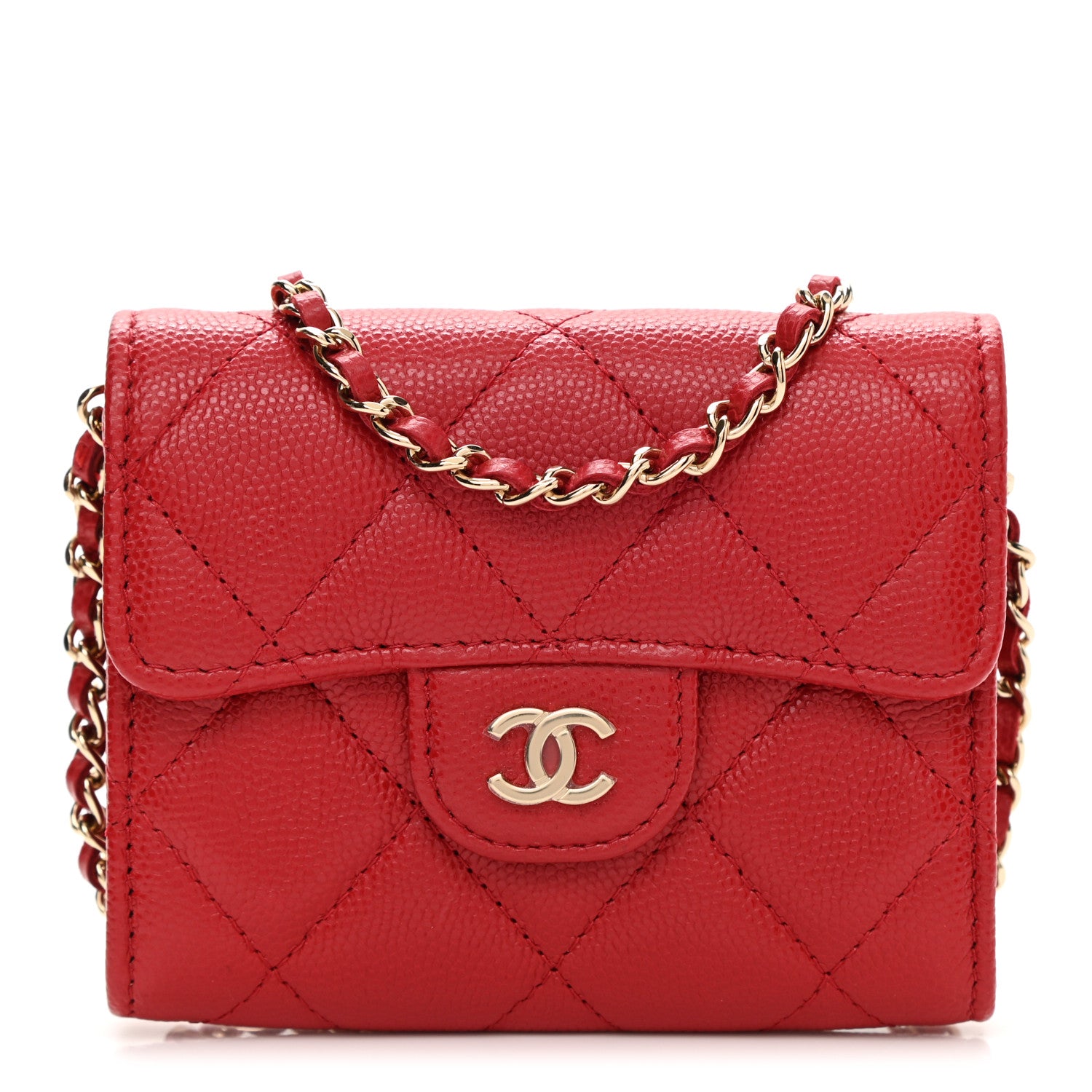 Chanel Caviar Quilted Flap Card Holder On Chain Red 1 of 10
