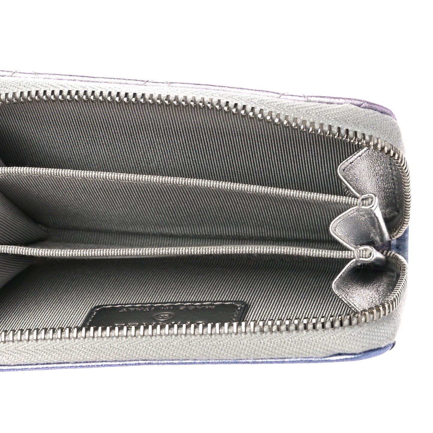 Gradient Metallic Calfskin Quilted Zip Around Coin Purse Wallet Silver Blue Yellow Purple