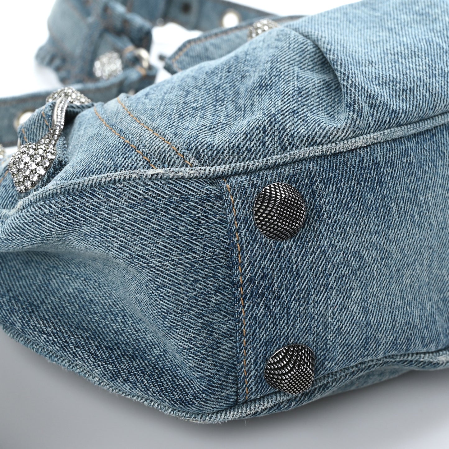Washed Frayed Denim Crystal Small Le Cagole Shoulder Bag Blue