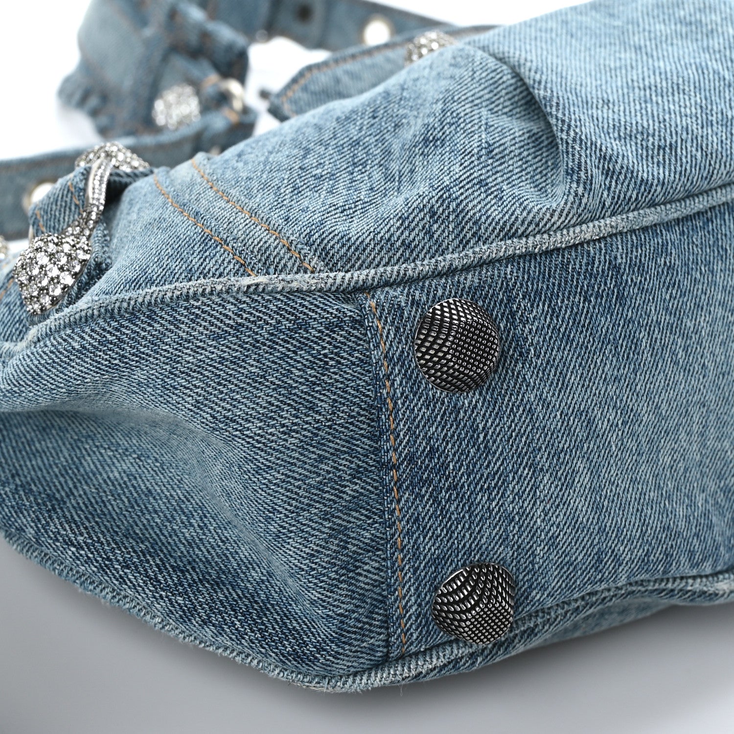 Balenciaga Washed Frayed Denim Crystal Small Le Cagole Shoulder Bag Blue 8 of 9