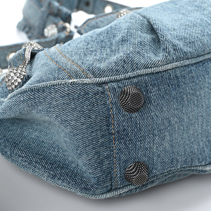 Balenciaga Washed Frayed Denim Crystal Small Le Cagole Shoulder Bag Blue 8 of 9