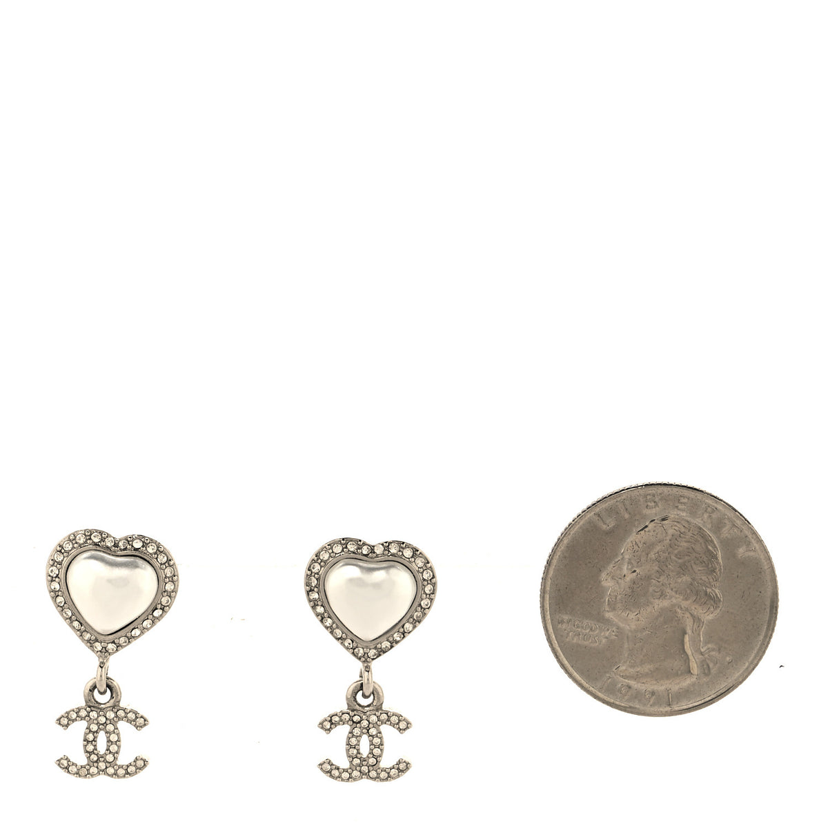 Pearl Crystal CC Heart Drop Earrings Silver