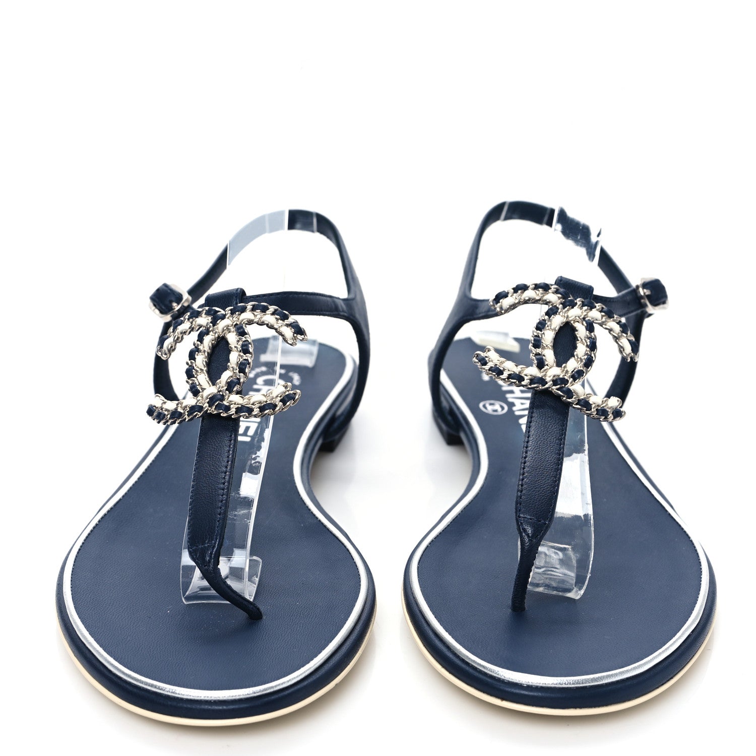 Chanel Lambskin CC Chain Thong Sandals 38 Navy 2 of 7