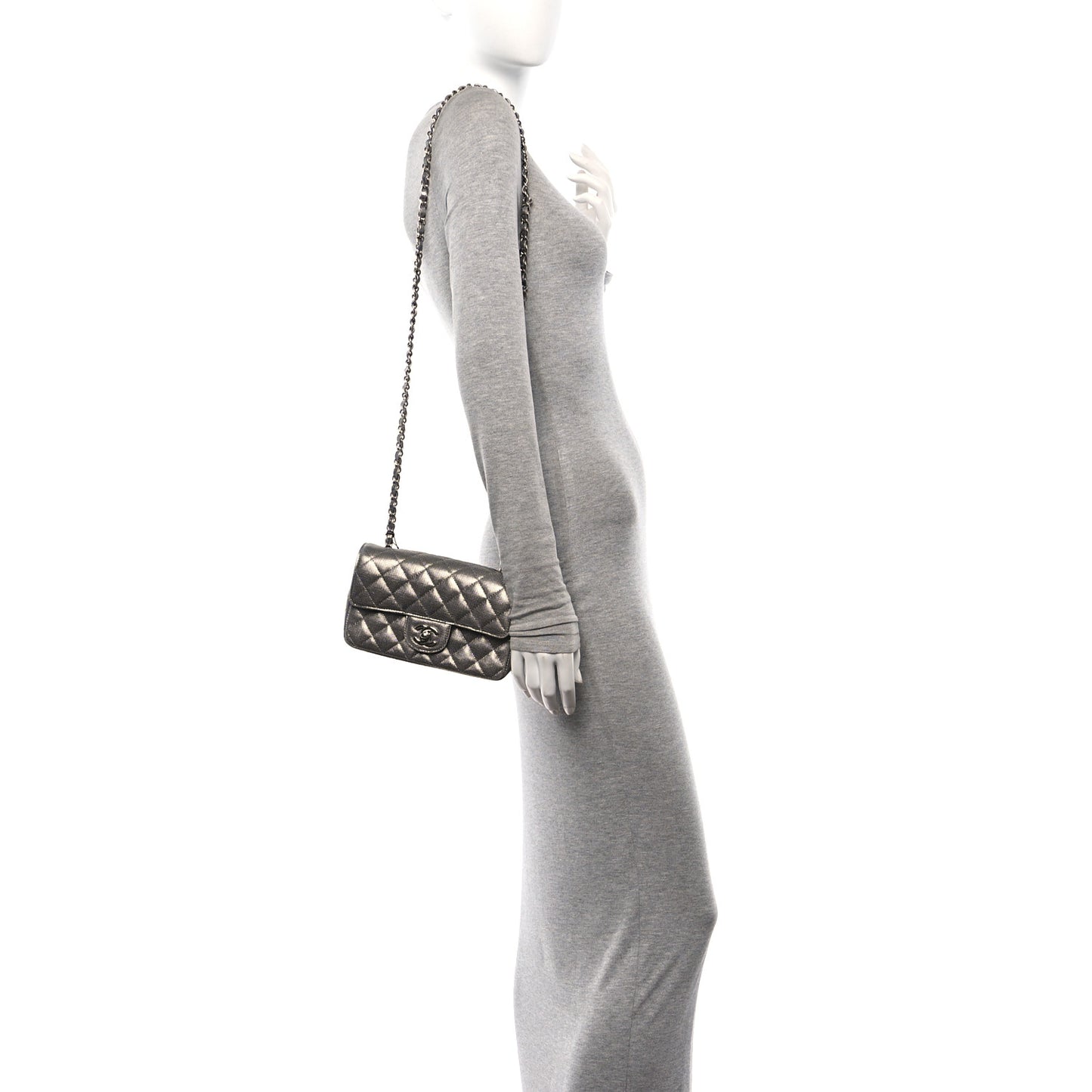 Metallic Calfskin Quilted Pixel Effect Mini Rectangular Flap Dark Silver