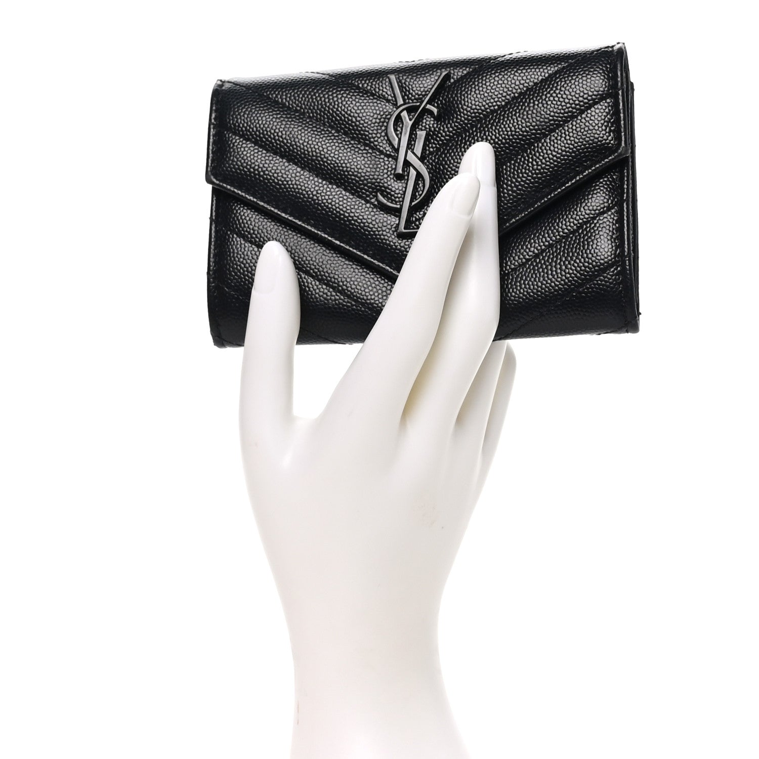 Saint Laurent Grain De Poudre Matelasse Chevron Small Monochrome Monogram Envelope Wallet Black 2 of 7