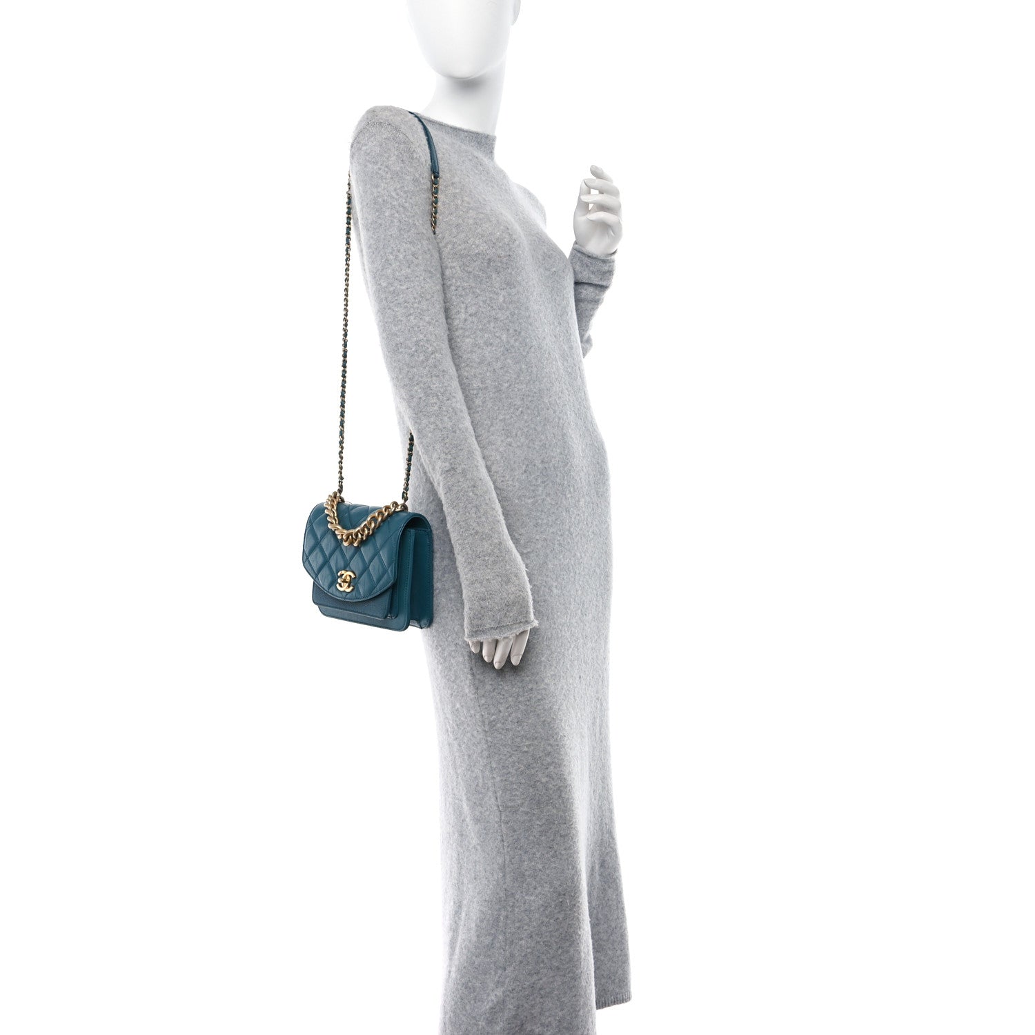 Chanel Calfskin Caviar Quilted Mini Chain Handle Flap Dark Turquoise 2 of 11