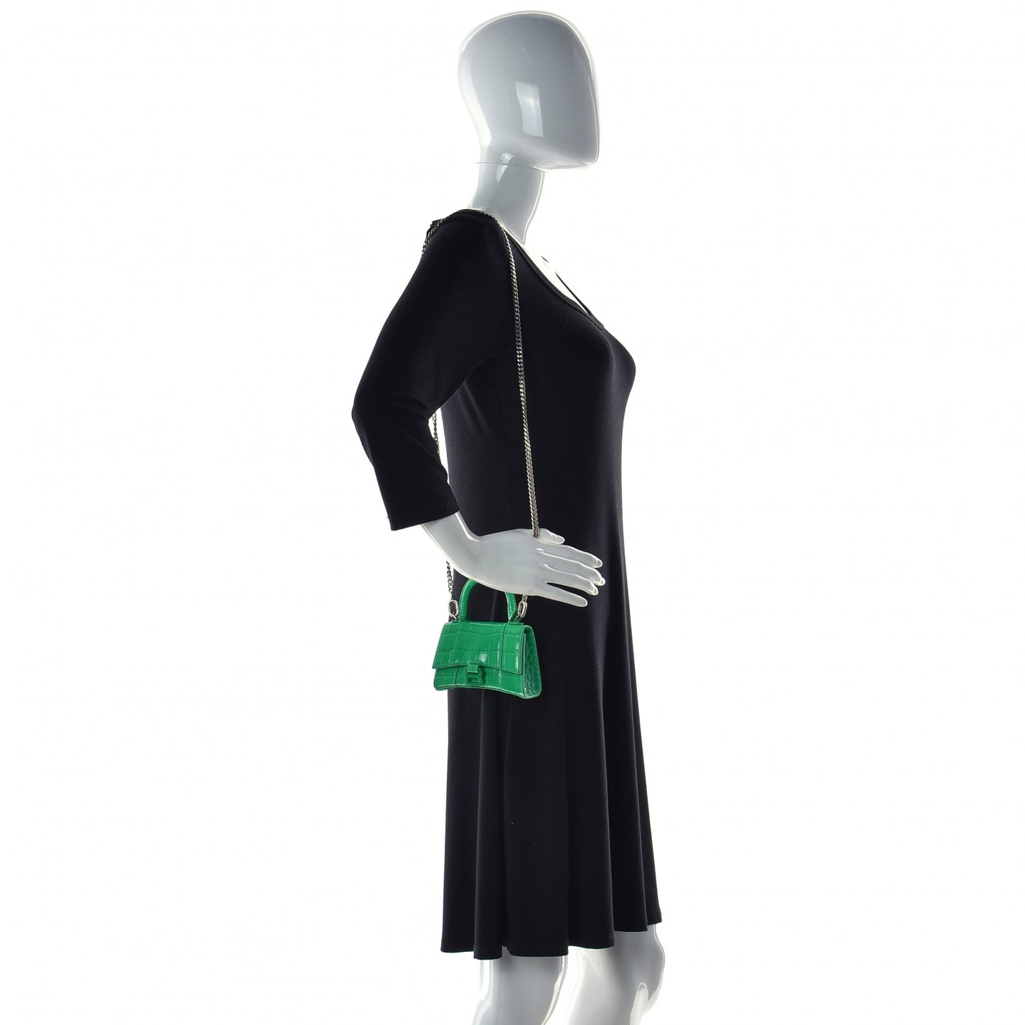 Shiny Calfskin Tonal B Crocodile Embossed Hourglass Top Handle Bag Mini with Chain Vivid Green