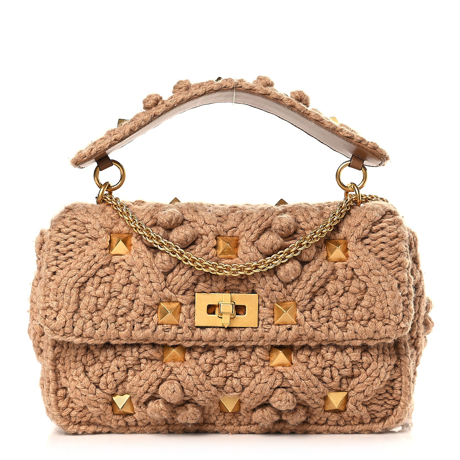 Valentino Garavani Cashmere Large Roman Stud Shoulder Bag Beige 1 of 8
