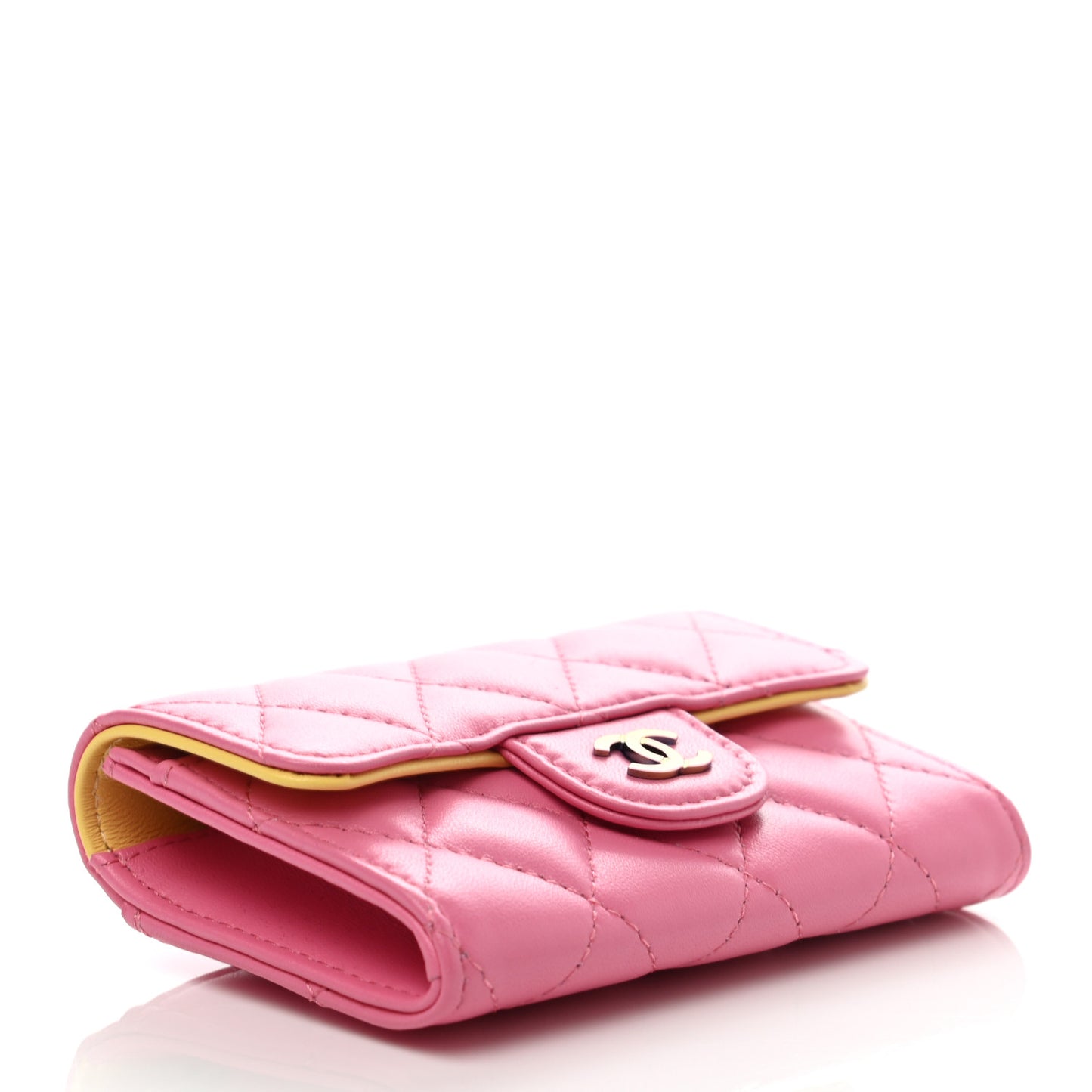 Lambskin Quilted Flap Card Holder Wallet Pink Yellow