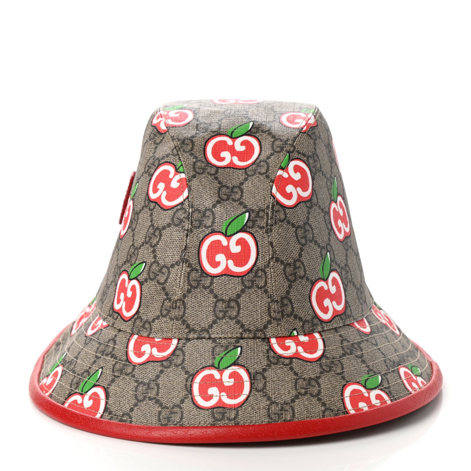 Gucci GG Supreme Monogram Apple Textured Dollar Calfskin Retro Interlocking G Fedora Pomme Bucket Hat M Beige Ebony Red 6 of 9