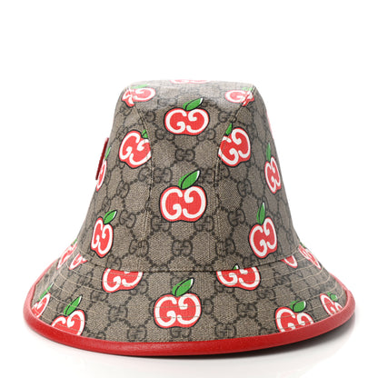 Gucci GG Supreme Monogram Apple Textured Dollar Calfskin Retro Interlocking G Fedora Pomme Bucket Hat M Beige Ebony Red 6 of 9