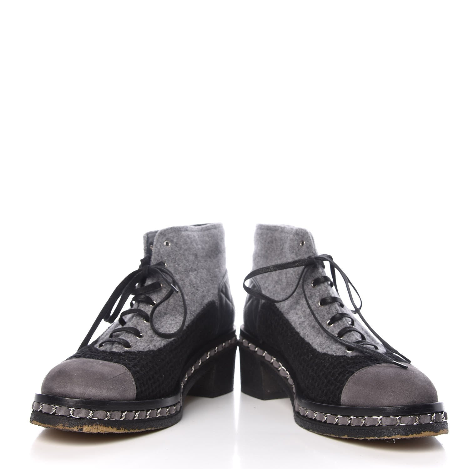 Chanel Wool Calfskin Tweed Lace Up Boots 42 Grey Black 5 of 15
