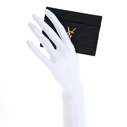 Saint Laurent Grain De Poudre Matelasse Chevron Monogram Credit Card Case Black 2 of 8