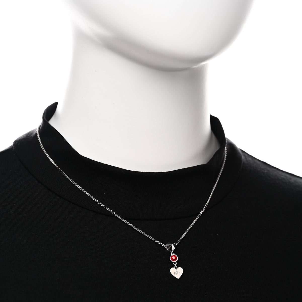 Gucci Sterling Silver Crystal Trademark Heart Pendant Necklace Red 2 of 6