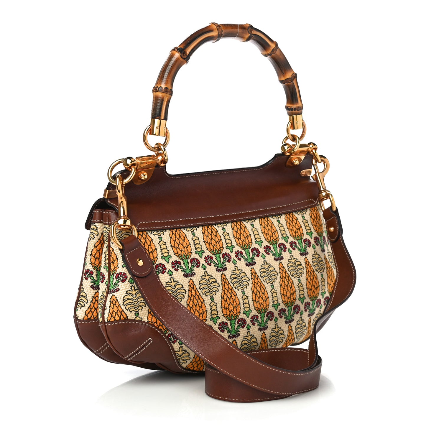 Canvas Pigna Print Peggy Bamboo Top Handle Bag Brown