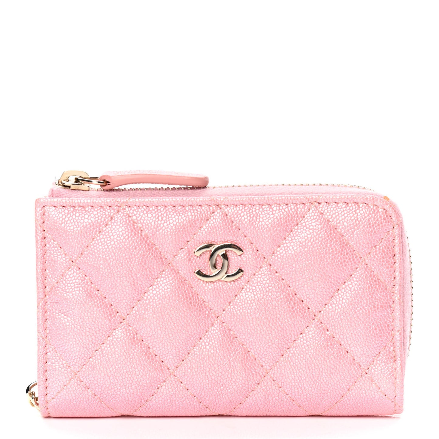 Iridescent Caviar Quilted Zipped Key Holder Case Rose Pink