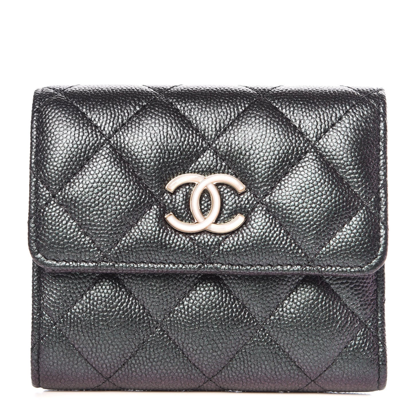 Iridescent Caviar Quilted Small Flap Wallet Black